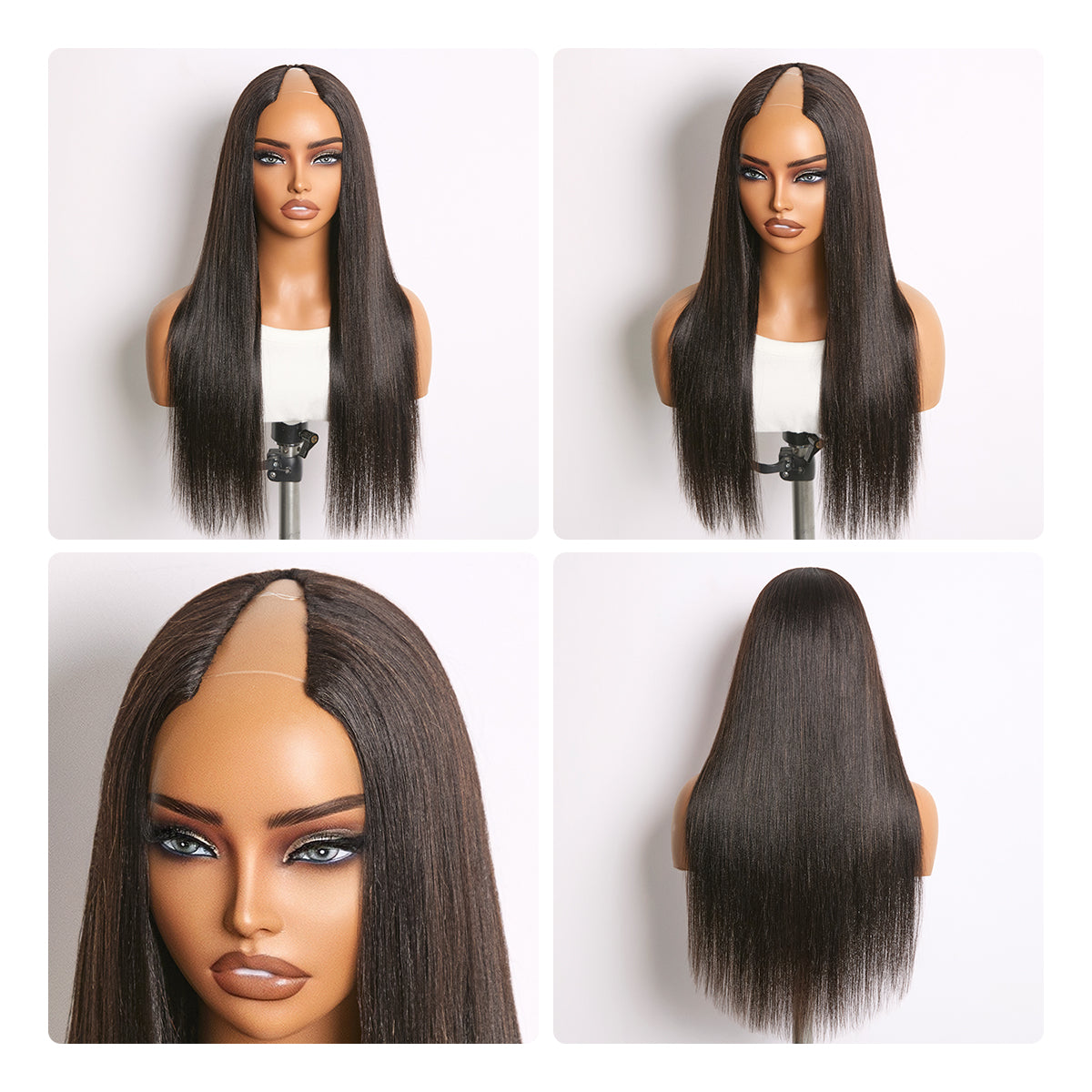 Glueless Kinky Straight V-Part Human Hair Wig with Bangs | 10"-28"