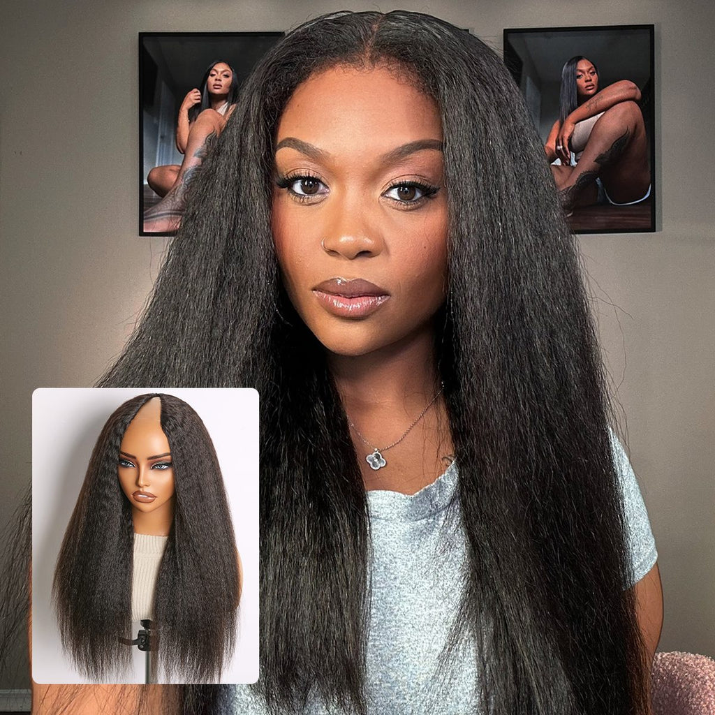 Glueless Kinky Straight V-Part Human Hair Wig | 10"-28"