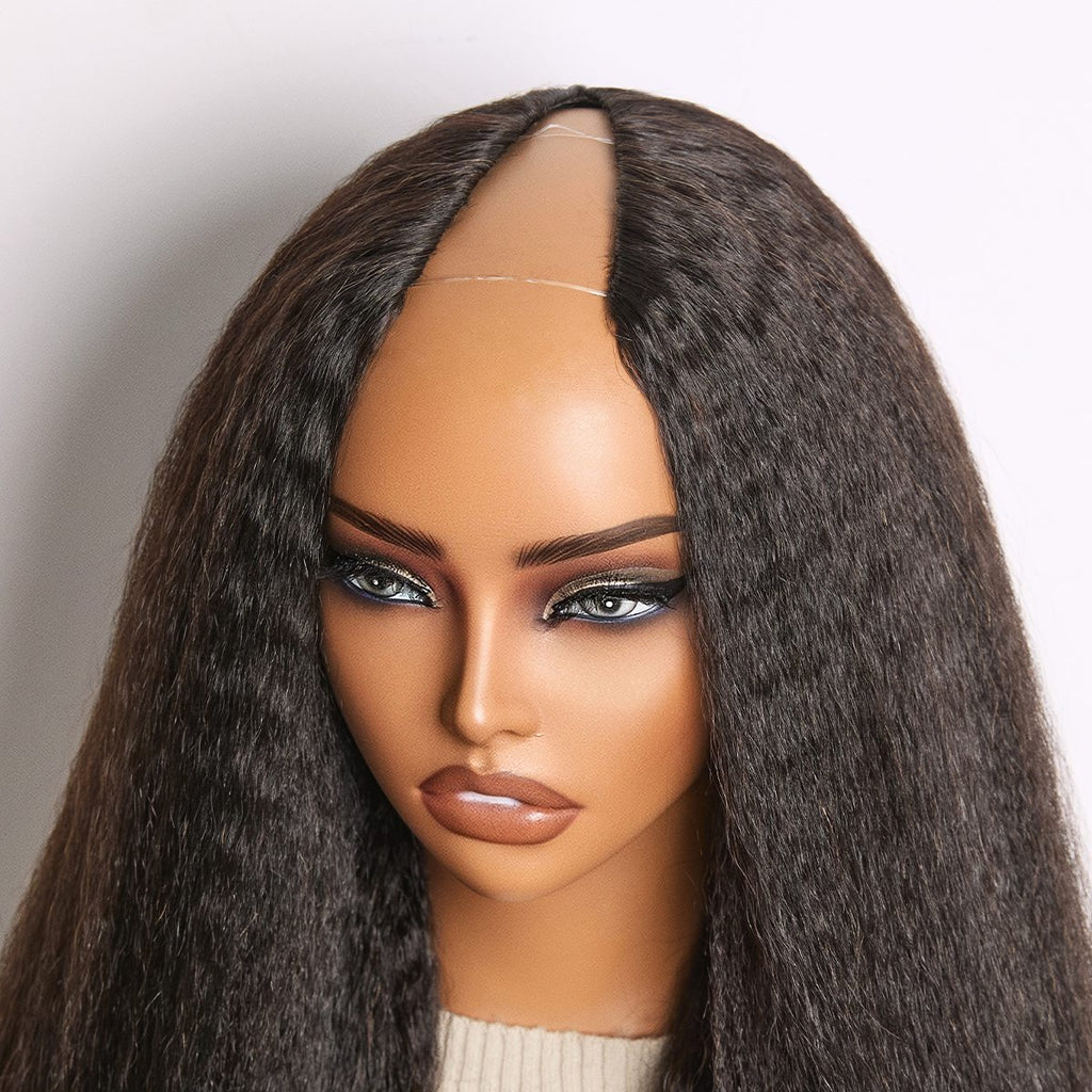 Glueless Kinky Straight V-Part Human Hair Wig with Bangs | 10"-28"