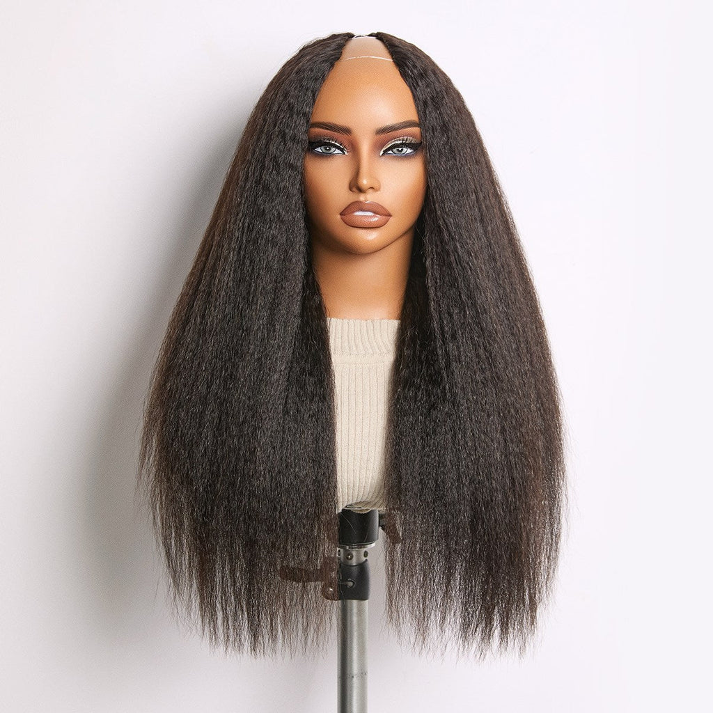 Glueless Kinky Straight V-Part Human Hair Wig with Bangs | 10"-28"