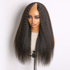 Glueless Kinky Straight V-Part Human Hair Wig with Bangs | 10"-28"