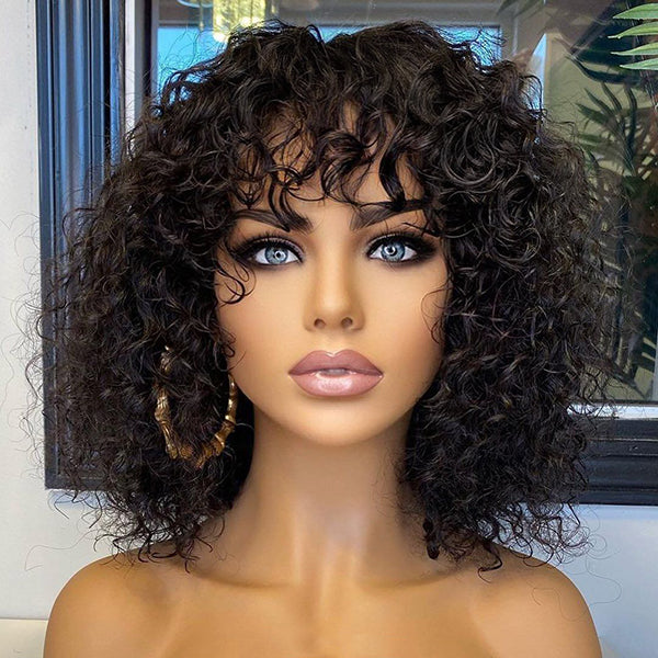 Glueless Curly T-Part Lace Human Hair Wig with Bangs | 8"-14"