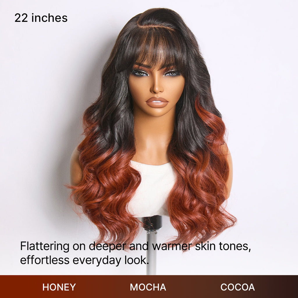 Glueless Loose Wave T-Part Lace Human Hair Wig - Red with Bangs | 10"-28"