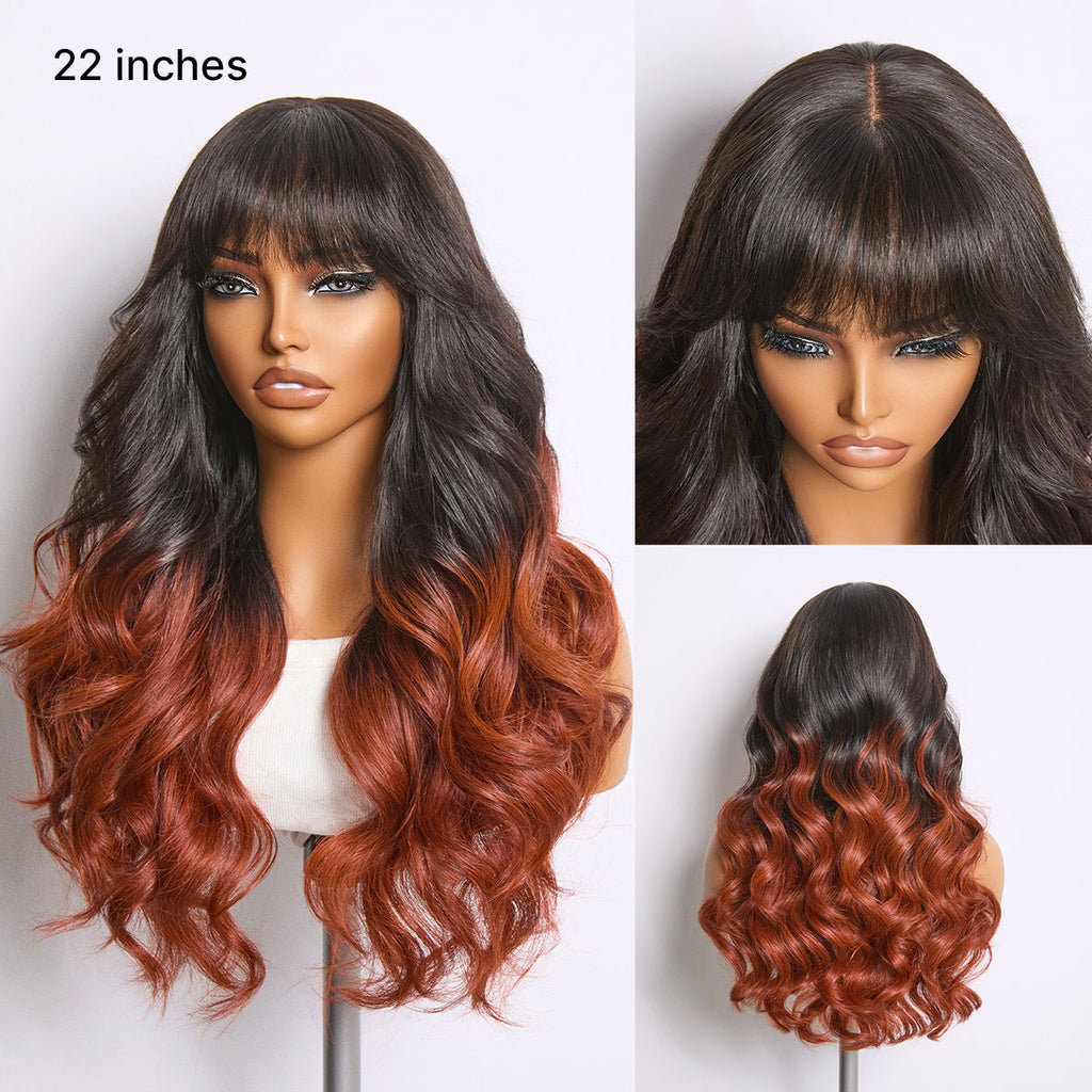 Glueless Loose Wave T-Part Lace Human Hair Wig - Red with Bangs | 10"-28"