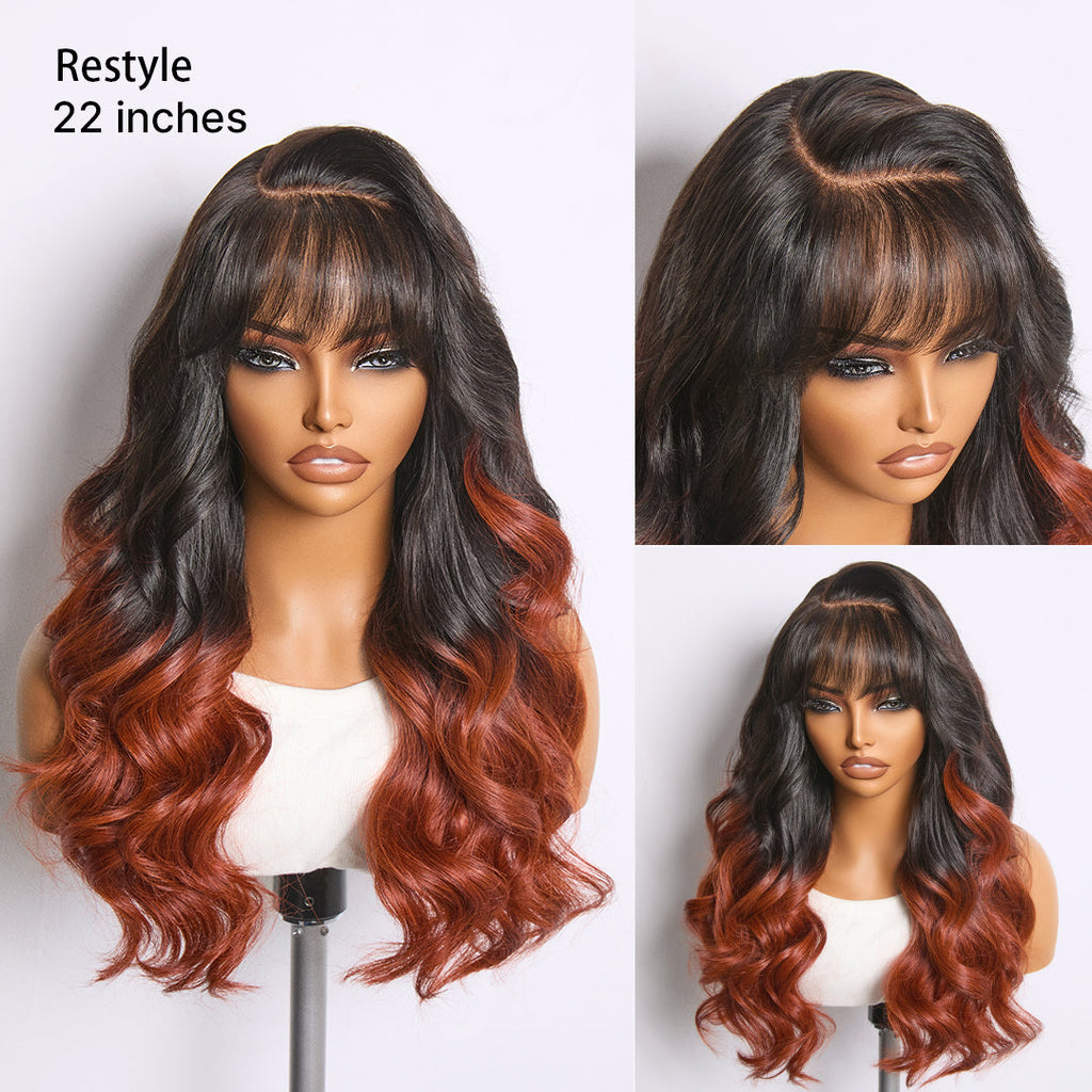 Glueless Loose Wave T-Part Lace Human Hair Wig - Red with Bangs | 10"-28"