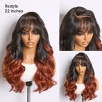Glueless Loose Wave T-Part Lace Human Hair Wig - Red with Bangs | 10"-28"