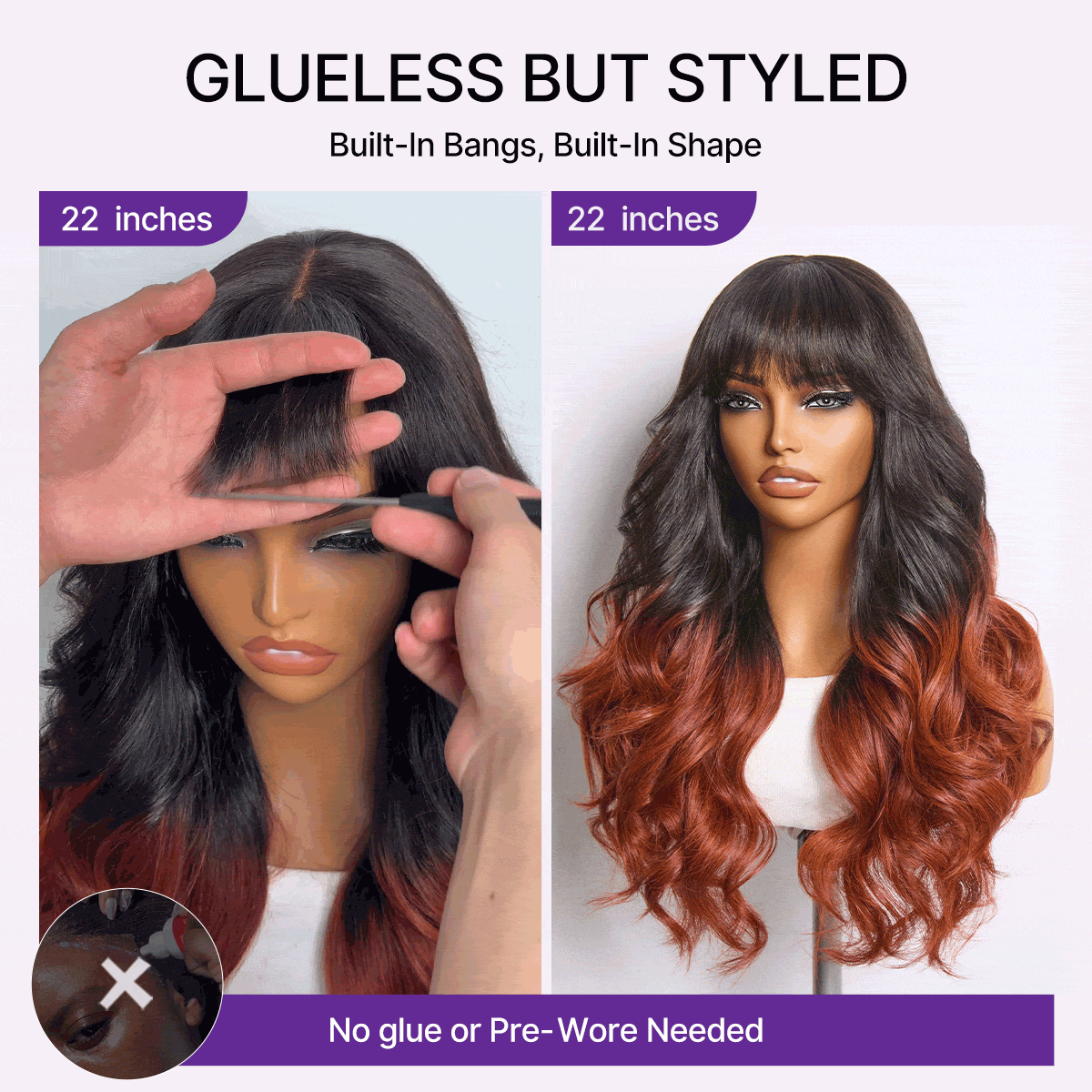 Glueless Loose Wave T-Part Lace Human Hair Wig - Red with Bangs | 10"-28"