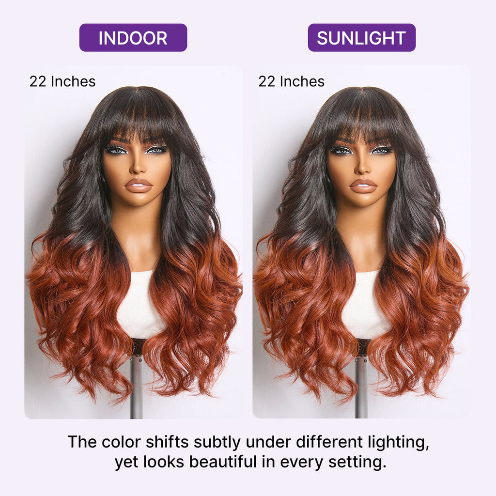 Glueless Loose Wave T-Part Lace Human Hair Wig - Red with Bangs | 10"-28"