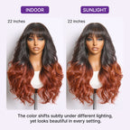 Glueless Loose Wave T-Part Lace Human Hair Wig - Red with Bangs | 10"-28"