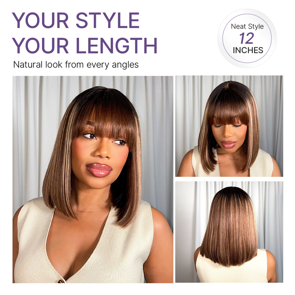Glueless Bob Human Hair Wig - Highlight with Bangs | 8"-14"