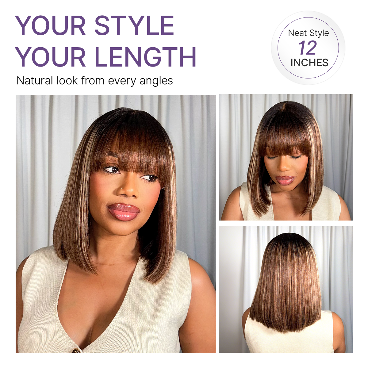 Glueless Bob Human Hair Wig - Highlight with Bangs | 8"-14"