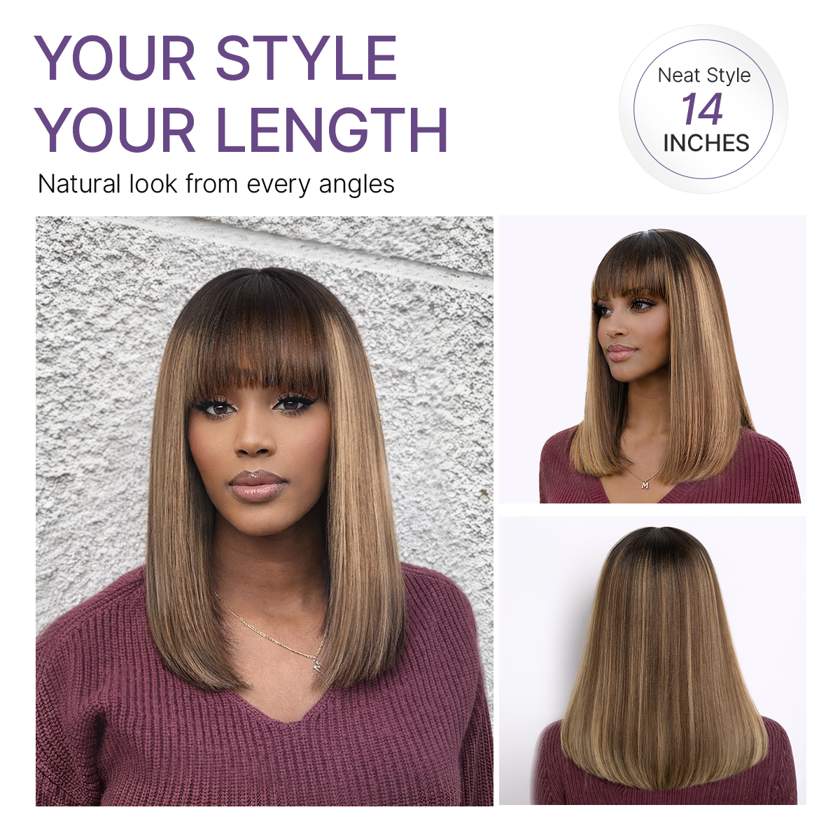 Glueless Bob Human Hair Wig - Highlight with Bangs | 8"-14"