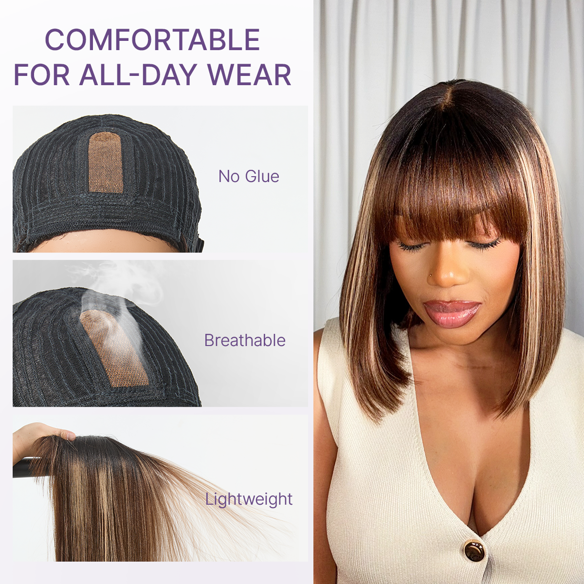 Glueless Bob Human Hair Wig - Highlight with Bangs | 8"-14"