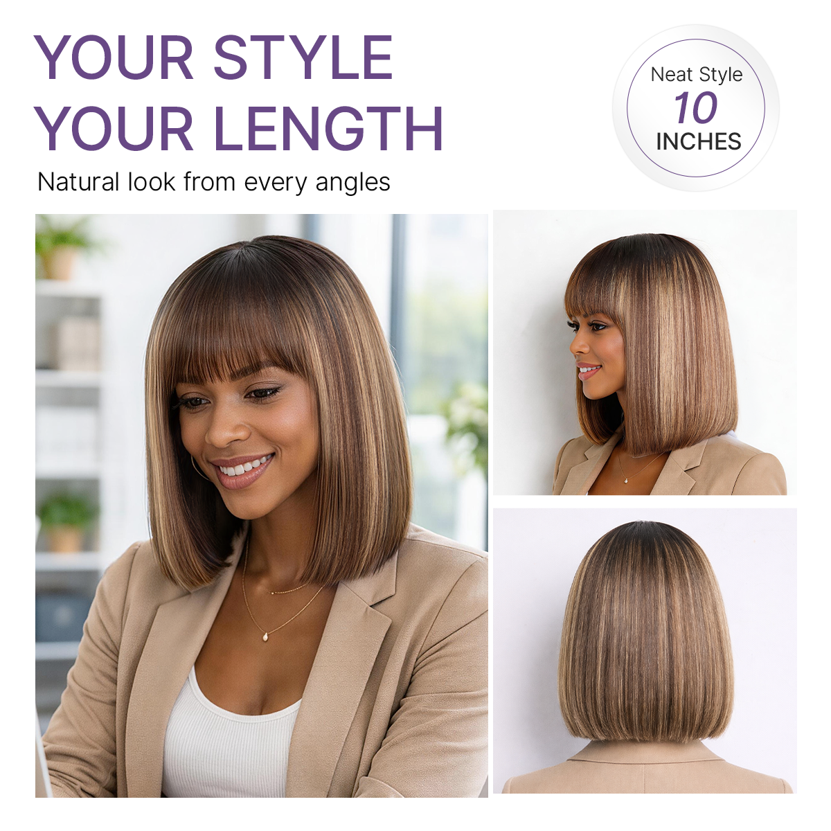 Glueless Bob Human Hair Wig - Highlight with Bangs | 8"-14"