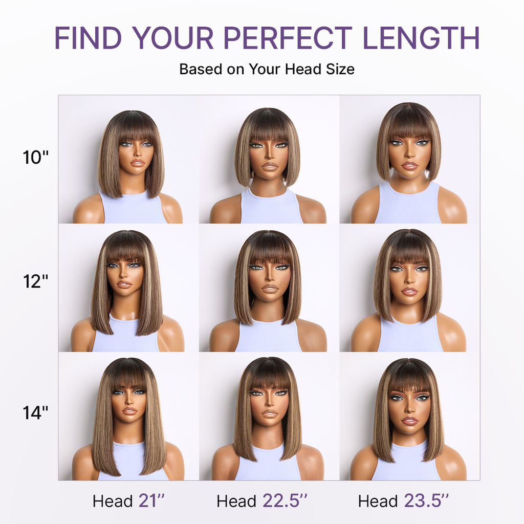 Glueless Bob Human Hair Wig - Highlight with Bangs | 8"-14"