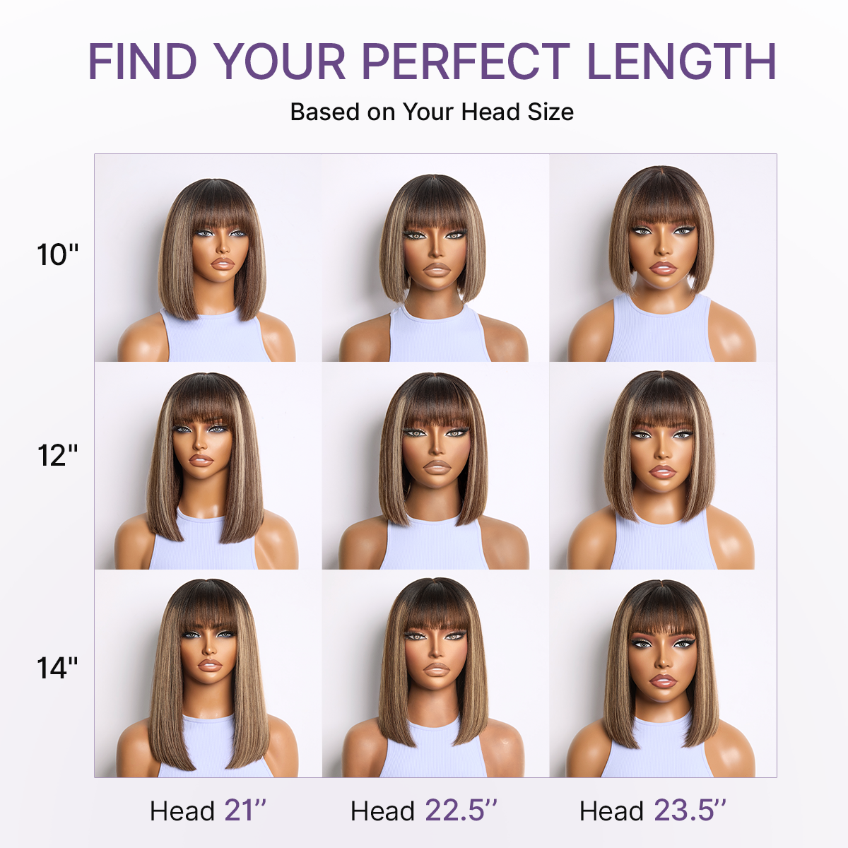 Glueless Bob Human Hair Wig - Highlight with Bangs | 8"-14"