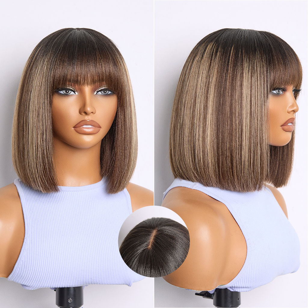 Glueless Bob Human Hair Wig - Red with Bangs | 8"-14"