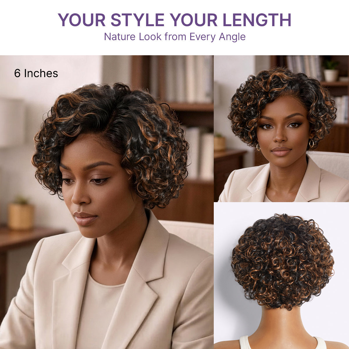 Glueless HD Lace Pixie U-Part Human Hair Wig - Highlight | 8"-14"
