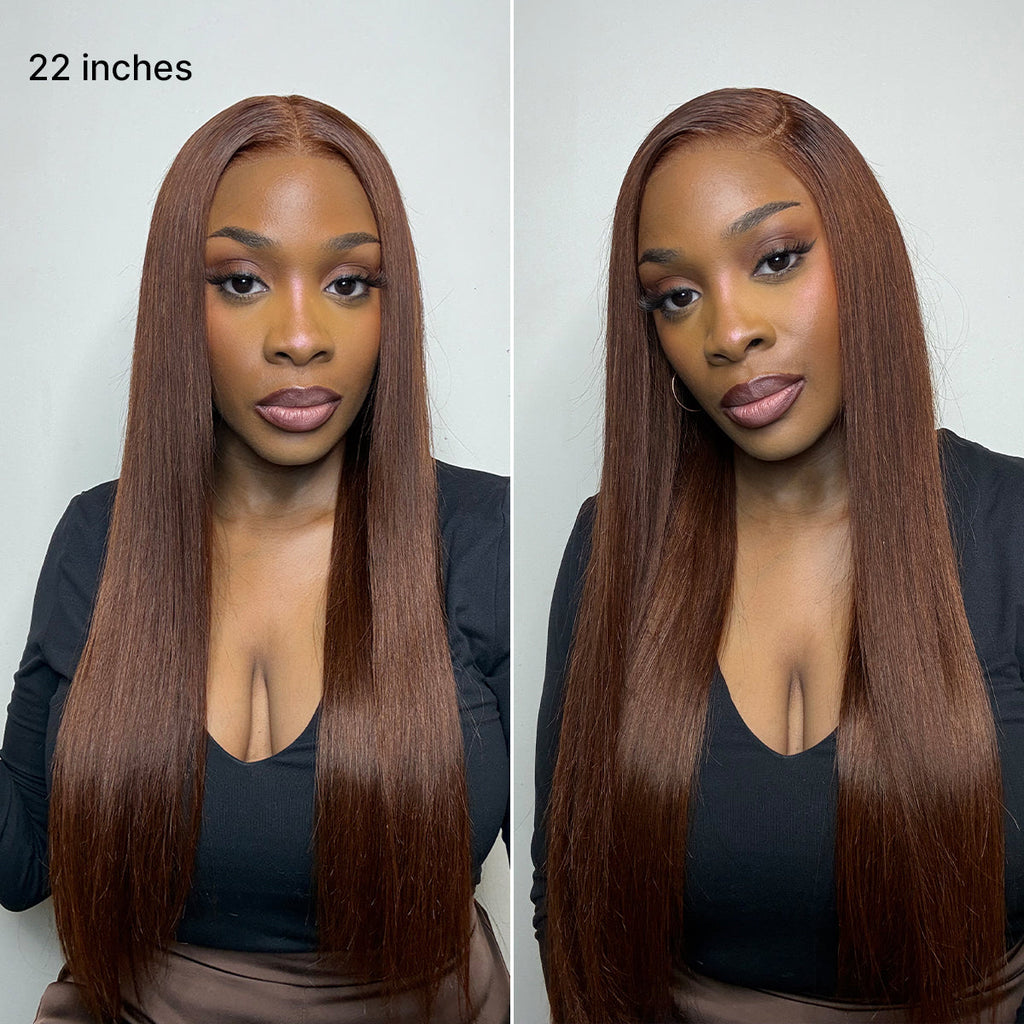 Glueless Straight T-Part Lace Human Hair Wig - Brown with Bangs 180% Density | 10"-28"