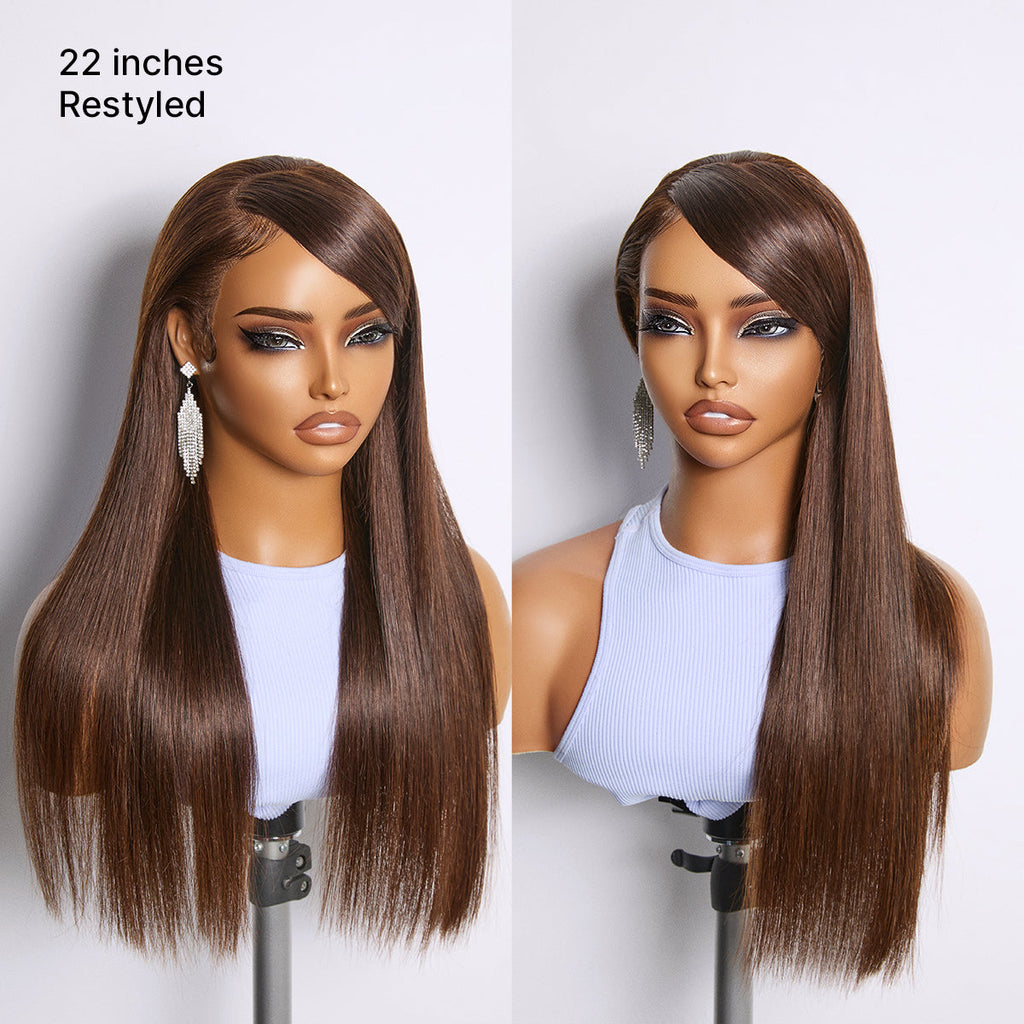 Glueless Straight T-Part Lace Human Hair Wig - Brown with Bangs 180% Density | 10"-28"