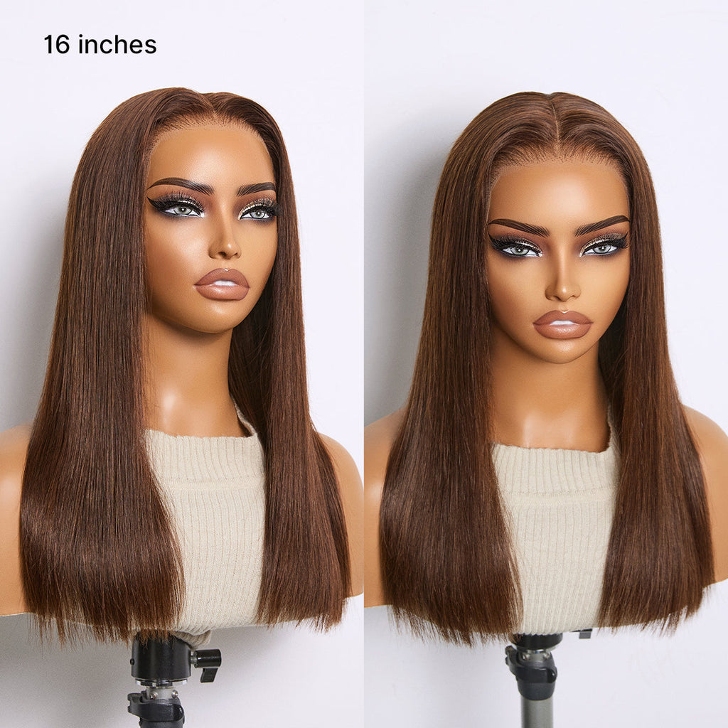Glueless Straight T-Part Lace Human Hair Wig - Brown with Bangs 180% Density | 10"-28"