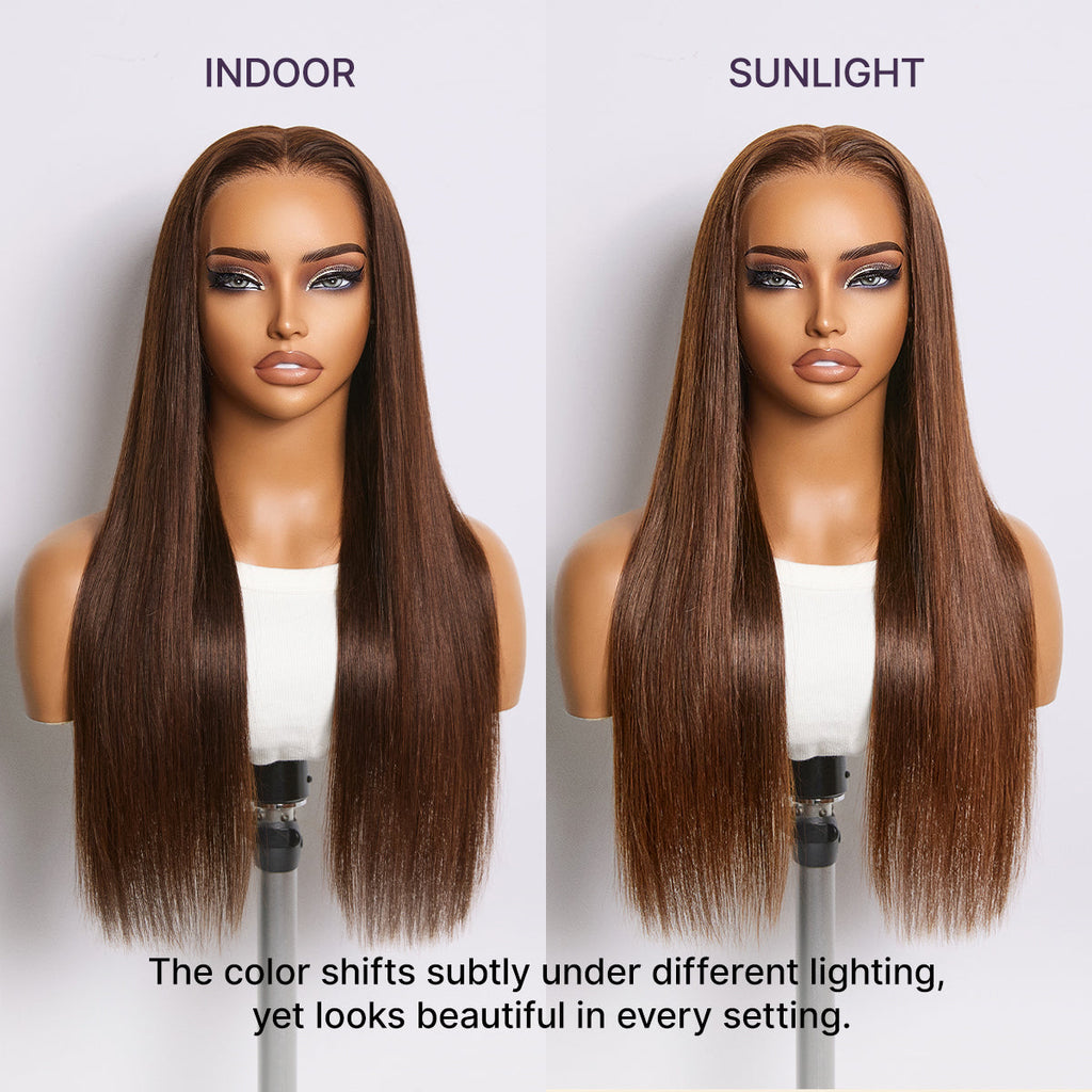 Glueless Straight T-Part Lace Human Hair Wig - Brown with Bangs 180% Density | 10"-28"