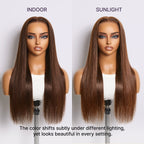 Glueless Straight T-Part Lace Human Hair Wig - Brown with Bangs 180% Density | 10"-28"