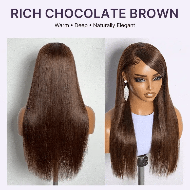 Glueless Straight T-Part Lace Human Hair Wig - Brown with Bangs 180% Density | 10"-28"