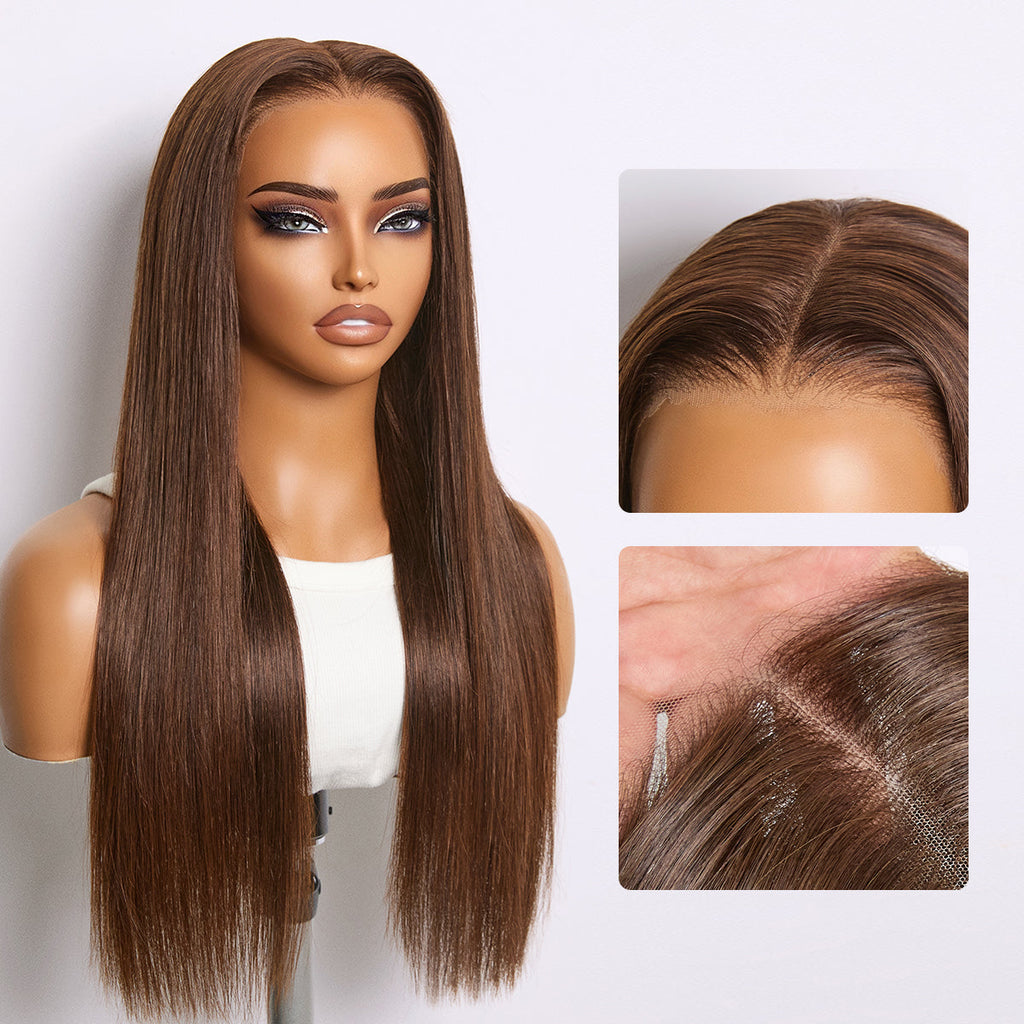Glueless Straight T-Part Lace Human Hair Wig - Brown with Bangs 180% Density | 10"-28"