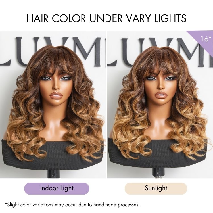 Glueless HD Lace Body Wave T-Part Lace Human Hair Wig - Highlight with Bangs 180% Density | 10"-28"