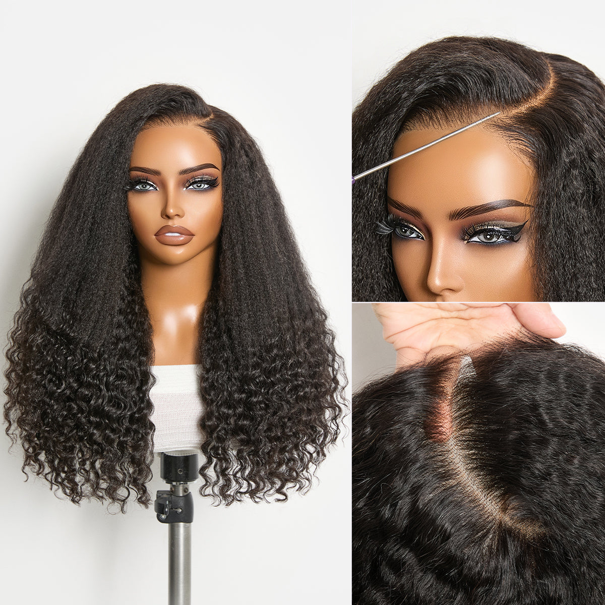 Glueless HD Lace Kinky Straight T-Part Lace Human Hair Wig - Grey | 10"-28"