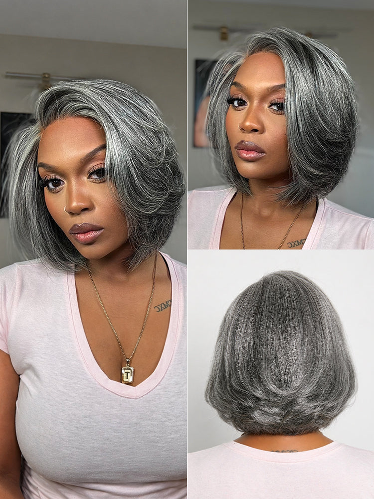 Glueless HD Lace Layered T-Part Lace Human Hair Wig - Grey | 8"-14"