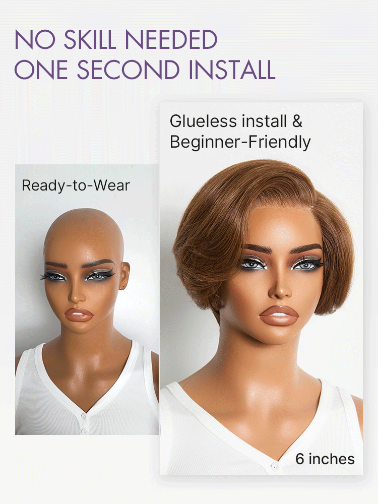 Glueless HD Lace Pixie T-Part Lace Human Hair Wig - Brown with Bangs | 8"-14"