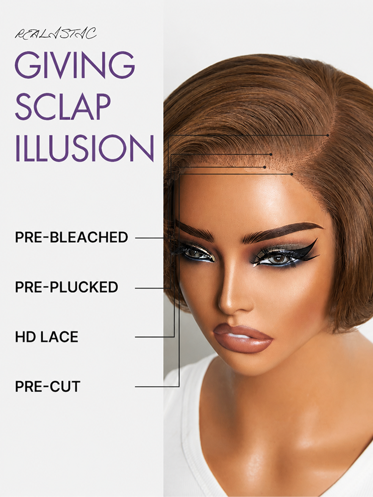 Glueless HD Lace Pixie T-Part Lace Human Hair Wig - Brown with Bangs | 8"-14"