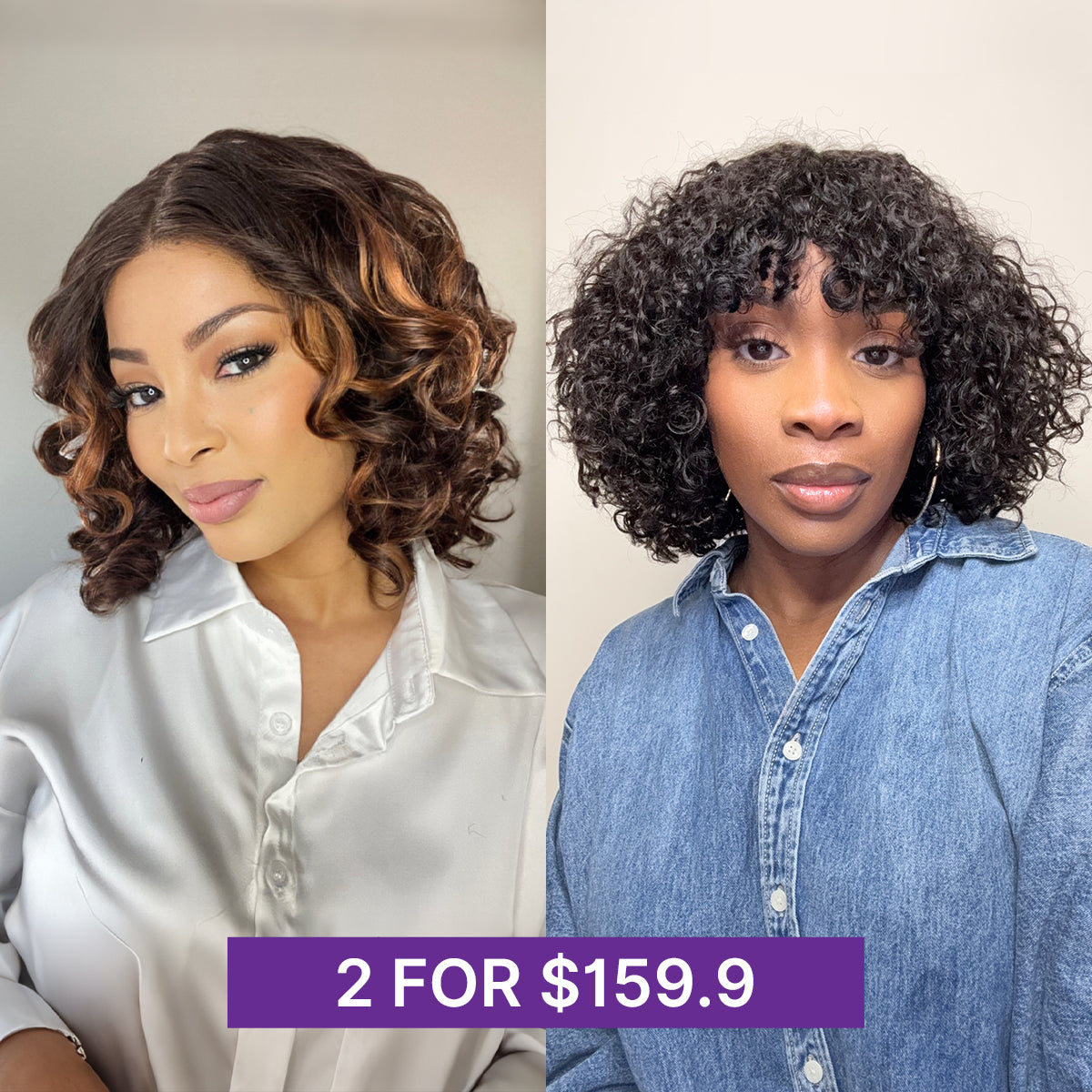 HD Lace Curly T-Part Lace Human Hair Wig - Ombre with Bangs | 10"