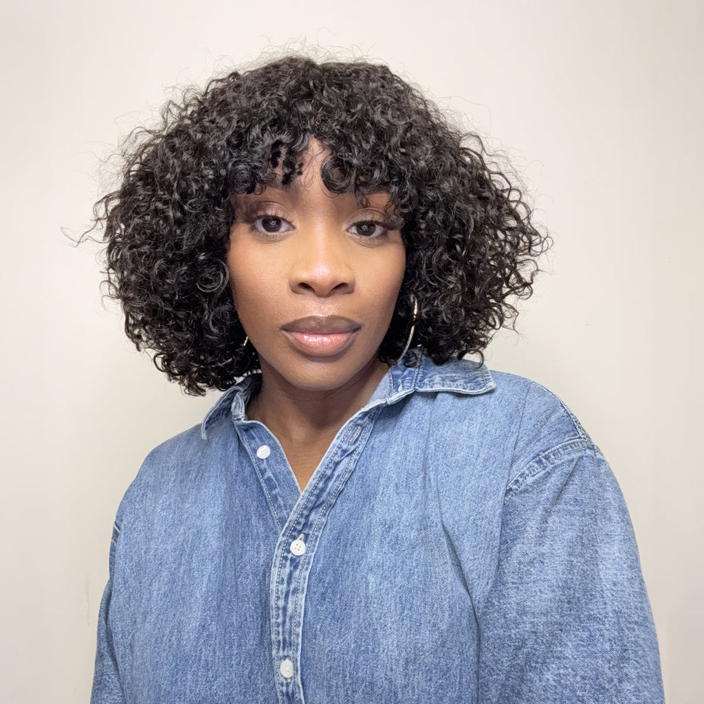 HD Lace Curly T-Part Lace Human Hair Wig - Ombre with Bangs | 10"