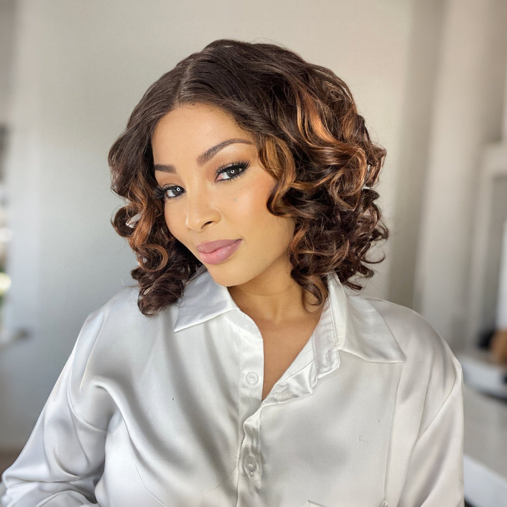 HD Lace Curly T-Part Lace Human Hair Wig - Ombre with Bangs | 10"