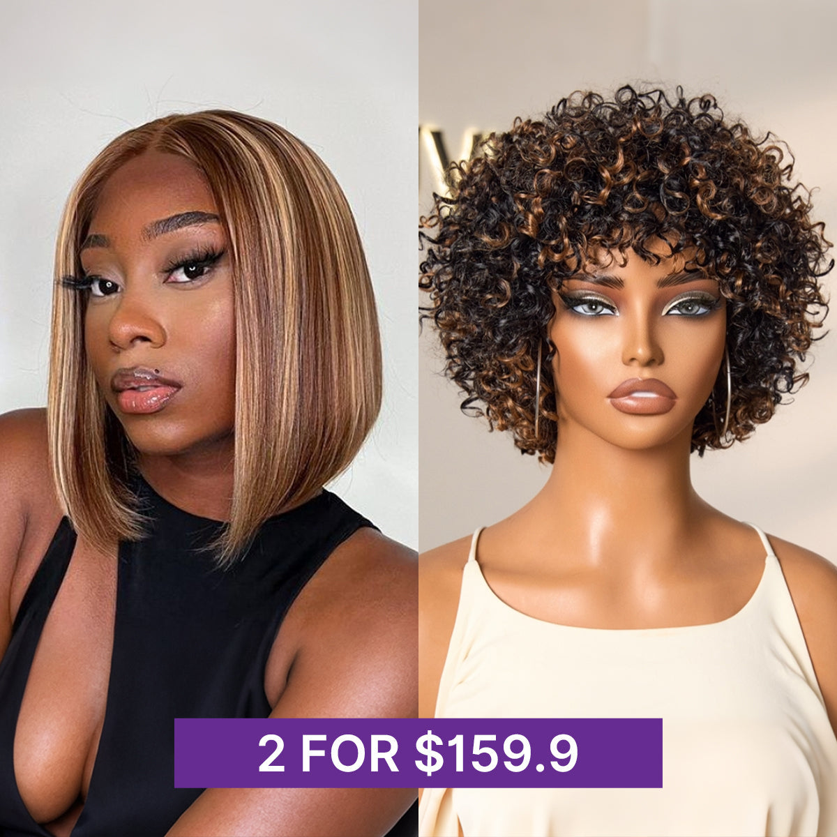 Glueless Bob 4X4 Closure Human Hair Wig - Highlight with Bangs | 10"