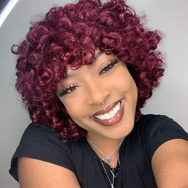 Curly Human Hair Wig - Red with Bangs | 8"-14"