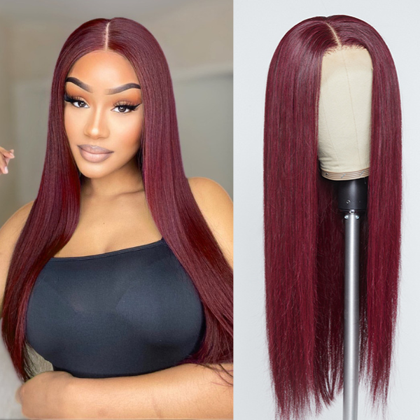 Glueless Straight 4X4 Closure Human Hair Wig - Red with Bangs | 10"-28"