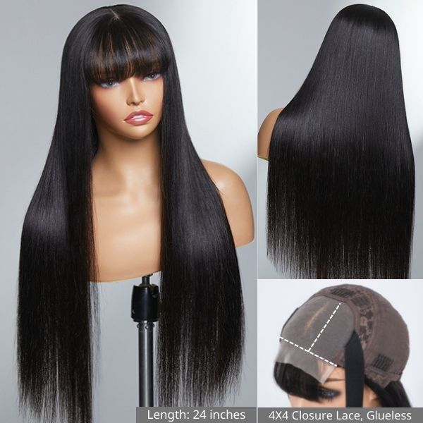 Straight T-Part Lace Human Hair Wig with Bangs | 8"-14"