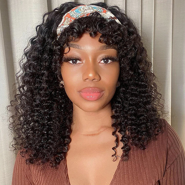 Glueless Curly Human Hair Wig with Bangs | 8"-14"